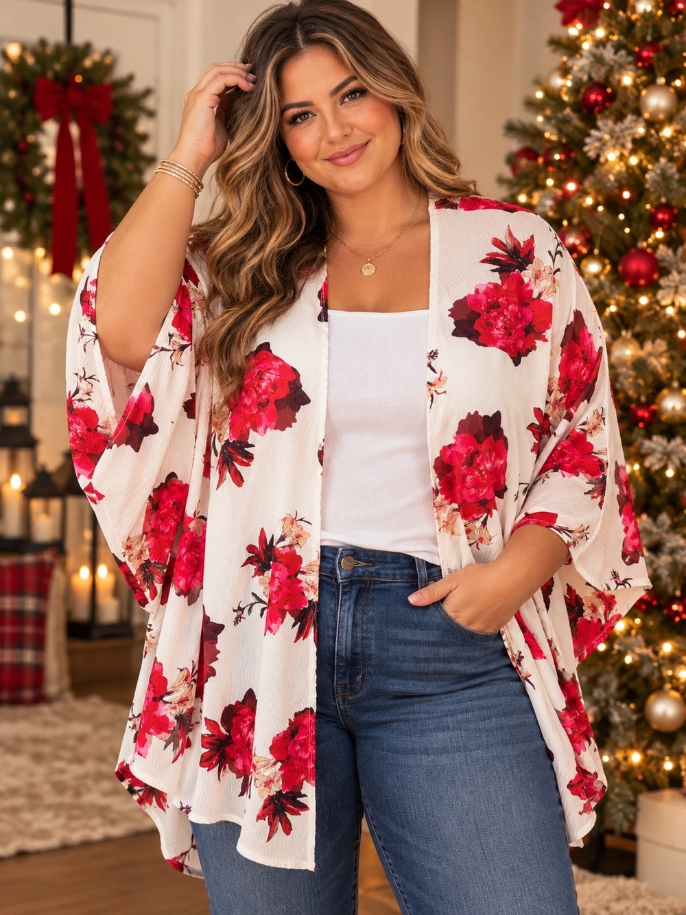 Umgee White Floral Open-Front Kimono with Red Blooms